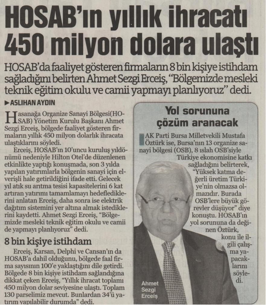 HOSAB` ın Yıllık İhracatı 450 Milyon Dolara Ulaştı