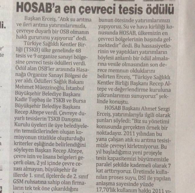 Hosab`a En Çevreci Tesis Ödülü