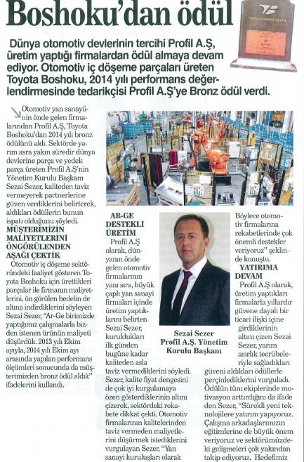 PROFİL A.Ş`ye Toyota Boshoku`dan Ödül