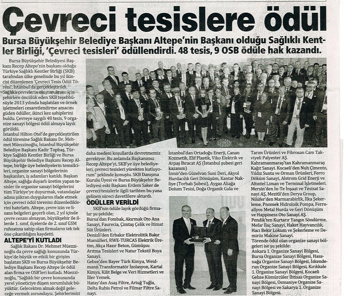 Çevreci Tesislere Ödül